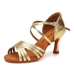 SWDZM Latein Tanzschuhe für Damen Professionelle Tanzschuhe Ballsaal Party Salsa Tanzübung Performance Schuhe,912DB,Gold,Ferse 7cm,Wildledersohle,39EU von SWDZM