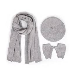 SWECOMZE 3 Stücke Damen Baskenmütze Französischen Barett Einfarbig Warme Mütze Schal und Warm Handschuhe Set (grau) von SWECOMZE