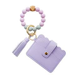 SWECOMZE Damen Geldbeutel, Quaste PU Leder Portemonnaie mit Armband mit Silikonperlen Bag Multipurpose Key Ring Wallet (Lila) von SWECOMZE