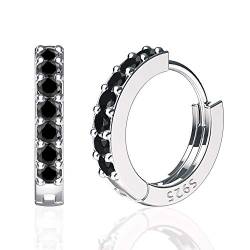 SWEETV 925 Sterling Silber Kleine Creolen für Frauen Mädchen - 8mm Kleine Schwarze Huggie Creolen Zirkonia von SWEETV