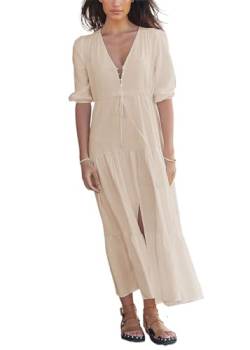 SWOAMER Damen Sommer Kleider Lang Geknöpftes Blusenkleid im französischen Stil MaxiKleid V-Ausschnitt Ballkleid Aprikose L von SWOAMER