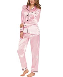 SWOMOG Damen Satin Pyjama Lang Schlafanzug Seiden Pyjamas Button Down Pj Set Zweiteiliger Nachtwäsche Hausanzug Langarm Satin Loungewear Silk Pjs Rosa von SWOMOG