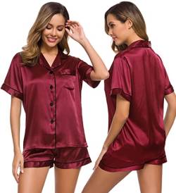 SWOMOG Damen Satin Pyjama Set Kurz Schlafanzueg Sexy V-Ausschnitt Button Down Pj Sets Nachtwäsche Seidenpyjama L von SWOMOG