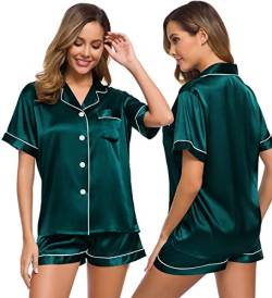 SWOMOG Damen Satin Pyjama Set Kurz Schlafanzueg Sexy V-Ausschnitt Button Down Pj Sets XXL Dunkelgrün von SWOMOG