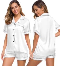 SWOMOG Damen Satin Pyjama Set Kurz Schlafanzueg Sexy V-Ausschnitt Button Down Pj Sets XXL von SWOMOG