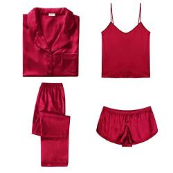 SWOMOG Damen Satin Pyjama Set Kurz Schlafanzüge Top und Short Hose 4-teilige Sleepwear Sexy V-Ausschnitt Button Down PJs Sets von SWOMOG