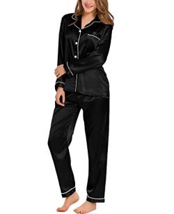 SWOMOG Damen Satin Schlafanzug Pyjama Lang Button Down Seide Nachtwäsche Set Zweiteiliger Hausanzug Langarm Loungewear Frauen Pj Sets Schwarz von SWOMOG