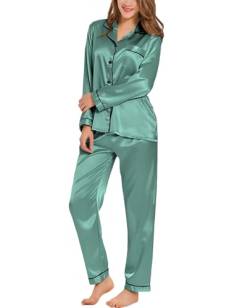 SWOMOG Damen Satin Schlafanzug Pyjama Lang Button Down Seide Nachtwäsche Set Zweiteiliger Hausanzug Langarm Loungewear Frauen Pj Sets von SWOMOG