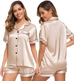 SWOMOG Damen Schlafanzug Sexy Set Seiden Satin Pyjamas Zweiteilige V-Ausschnitt Button Down Pjs Silky Nachtwäsche Kurzarm Loungewear Lady Nightwear Champagner von SWOMOG