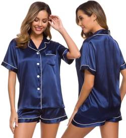 SWOMOG Damen Schlafanzug Silk Pyjamas Set Satin Seiden Nachtwäsche mit Button und Brusttasche Silky Kurz Top und Shorty Sets Zweiteiliger Loungewear Blau von SWOMOG