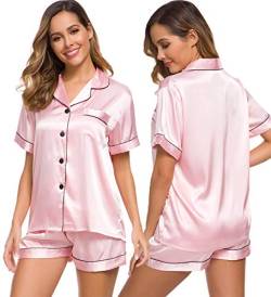 SWOMOG Damen Seiden Satin Pyjama Set Zweiteilige Schlafanzug Sets Nachtwäsche Sommer Button Down Loungewear Knopf Nieder Silk Pjs Sets Rosa von SWOMOG