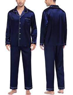 SWOMOG Herren Pyjama Lang Satin Schlafanzug Button Down Seiden Nachtwäsche Langarm Shirt und Pyjamahose Loungewear von SWOMOG