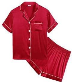 SWOMOG Kinder Schlafanzüge aus Satin für Mädchen und Jungen Button Down Pyjama Kurzärmlig Seide Nachtwäsche 2 teilig Lounge mit Shorts von SWOMOG