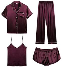 SWOMOG Pyjama Damen Kurz Satin 4-teilige Top und Short Schlafanzug Button Down Pjs Sets Frauen Seiden Nachtwäsche von SWOMOG
