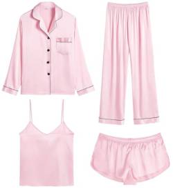 SWOMOG Pyjama Damen Lang 4-teiliges Satin Schlafanzug mit Knopf Seiden Ärmellosi Top Short Set Frauen Silk Nachtwäsche von SWOMOG