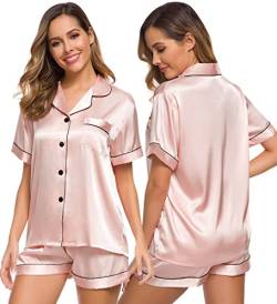 SWOMOG Pyjama Damen Satin Kurz Seide kurzärmelig für Damen mit Button und Tasche Zweiteiliger Hausanzug Ladies V-Ausschnitt Pjs Sets von SWOMOG