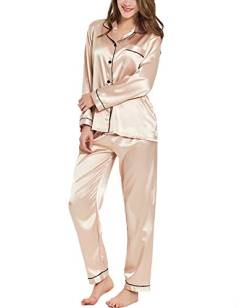 SWOMOG Pyjama Damen Satin Lang Button Down Schlafanzug Silk Nachtwäsche mit Knopfleiste Zweiteiliger Seide Pjs Sets Frauen Loungewear Champagner von SWOMOG