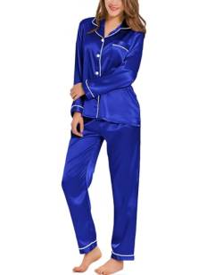 SWOMOG Pyjama Damen Satin Lang Button Down Schlafanzug Silk Nachtwäsche mit Knopfleiste Zweiteiliger Seide Pjs Sets Frauen Loungewear von SWOMOG