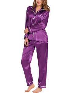 SWOMOG Satin Damen Schlafanzug Lang mit Knopfleiste Langarm Nachtwäsche Pyjamas Set Zweiteiliger Hausanzug Seide Pyjama Frauen Pj Sets von SWOMOG