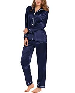 SWOMOG Satin Damen Schlafanzug mit Knopfleiste Langarm Nachtwäsche Pyjamas Set Zweiteiliger Nachtwäsche Hausanzug Marineblau von SWOMOG