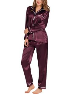 SWOMOG Satin Damen Schlafanzug mit Knopfleiste Langarm Nachtwäsche Pyjamas Set Zweiteiliger Nachtwäsche Hausanzug Weinrot von SWOMOG