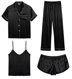 SWOMOG Satin Pyjama Damen Kurz 4-teiliges Schlafanzug Kurzarm Nachtwäsche Cami and Shorts Set Frauen Pjs Sets Hausanzug Loungewear XS-XXL von SWOMOG