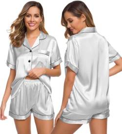 SWOMOG Satin Pyjama Damen Kurz Top und Short Schlafanzug Pyjamas Set Seiden Nachtwäsche Frauen Silky Hausanzug Zweiteiliger Loungewear Grau von SWOMOG