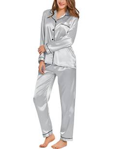 SWOMOG Satin Pyjama Damen Lang Button Down Pyjama Set Zweiteiliger Nachtwäsche Satin Schlafanzug mit Brusttasche Loungewear Hausanzug Pj Sets von SWOMOG