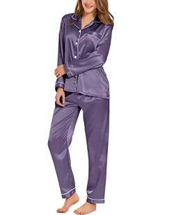 SWOMOG Satin Pyjama Damen Lang Schlafanzug mit Knopfleiste Comfy Seide Nachtwäsche Pyjamas Set Zweiteiliger Hausanzug Frauen Seidenpyjama von SWOMOG