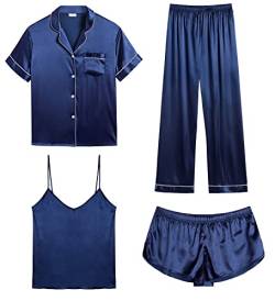 SWOMOG Satin Pyjama Sets für Damen Kurzarm 4-teilige Schlafanzug Nachtwäsche Sommer Silk Top und Kurz Hose Button Down Pjs von SWOMOG
