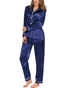 SWOMOG Schlafanzüge für Damen Satin Seiden Pyjama Frauen Lang Zweiteiliger Nachtwäsche Hausanzug V-Ausschnitt Button-Down Pj Set L Marineblau von SWOMOG