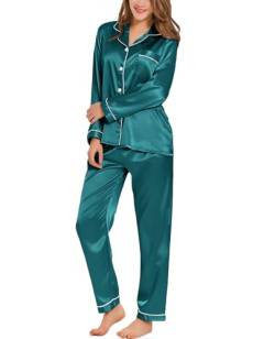 SWOMOG Schlafanzug Damen Lang Satin Pyjamas Button Down Nachtwäsche Seidenpyjama Set Zweiteiliger Hausanzug Frauen Seide Pyjama Silky Pjs XXL Grün von SWOMOG