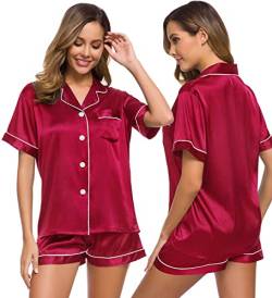 SWOMOG Schlafanzug Damen Satin Pyjama Set Seide Nachtwäsche mit Brusttasche Zweiteilige Pjs Sets Button-Down-Set Loungewear Kurzarm Sleepwear Rot von SWOMOG