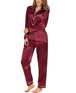 SWOMOG Schlafanzug Satin Damen Lang Seidensatin Pyjamas Button Down Pj Set Zweiteiliger Nachtwäsche Hausanzug Frauen Silk Loungewear Rot L von SWOMOG
