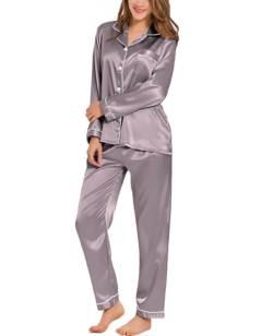 SWOMOG Schlafanzug Satin Damen Lang mit Knopf Seidenpyjama für Frauen Silky Pyjamas Set V-Ausschnitt Button Down Pj Sets Nachtwäsche Hausanzug von SWOMOG