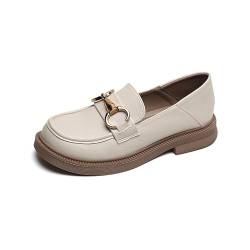 Damen Flacher Mokassin Mit Schnalle Women l Microfiber Leather Slip-On Chain Decor Chunky Flatform Wedge Loafers (34,Beige-1) von SWZEC