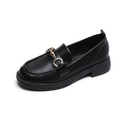 Damen Flacher Mokassin Mit Schnalle Women l Microfiber Leather Slip-On Chain Decor Chunky Flatform Wedge Loafers (34,Schwarz) von SWZEC