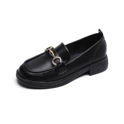 Damen Flacher Mokassin Mit Schnalle Women l Microfiber Leather Slip-On Chain Decor Chunky Flatform Wedge Loafers (38,Schwarz) von SWZEC