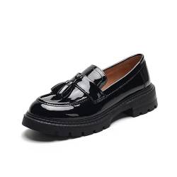 Klassisch Loafer Damen Mokassins Quaste Geschlossener Zehen Halbschuhe Elegante Slip-on Plateau Schuhe für Frauen (38,Schwarz) von SWZEC