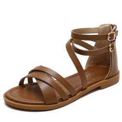 SWZEC Orthoback OrthoSandal Gladiator Retro Sandalen Damen Flach Reißverschluss Hinten Leichte Bequeme Sommerschuhe (37,Braun 1) von SWZEC