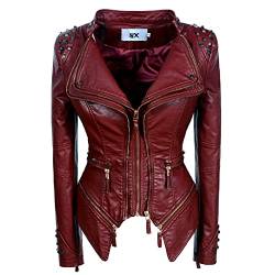 SX Damen Bikerjacke mit Nieten und perfekt formenden Kunstleder - Rot - X-Large von SX