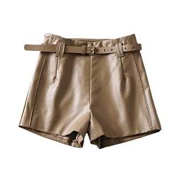 SXBYIAEG Damen-Shorts, Kunstleder, mit Gürtel, Reißverschluss, hohe Taille, Braun, khaki, S von SXBYIAEG