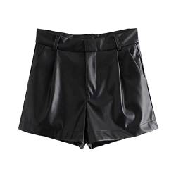 SXBYIAEG Modische Damen-Shorts aus Kunstleder, mit Seitentaschen, Vintage-Stil, hohe Taille, Reißverschluss, kurze Hose, siehe abbildung, S von SXBYIAEG