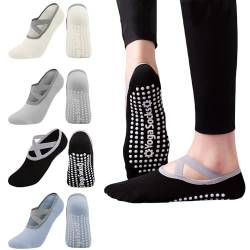 Yoga Socken, 4 Paar Yoga Socken Damen, Antirutsch Socken Grip-Socken mit Riemen Pilates socken Stoppersocken für Ballett Pilates Tanz Workout mit Kissen Schwarz Weiß Grau Dunst Blau 35-40 von SXCCNW