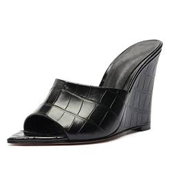 Keilabsatz Sandaletten Damen Pantoletten, SXLLLLGJ-0066 Frauen Spitze Zehe Offener Zeh Slingback Freizeit Hausschuhe High heel,Schwarz,39 EU von SXLLLLGJ