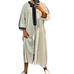 Ethnische Robe für Männer Lange Ärmel Islamischer Muslim Dubai Thobe Robe Loungewear Kaftan Thobe Lässige Gestreifte Henley-Shirts (Color : White, Size : 3XL) von SXLLZSLC