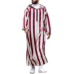 SXLLZSLC Männer mit Kapuze Muslim Thobe Lange Ärmel Lockerer Islamischer Kaftan Naher Osten Saudi-Araber Lange Robe Ramadan Jubbah Kleidung (Color : Stripe, Size : 3XL) von SXLLZSLC