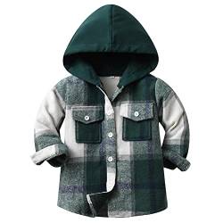 SXSHUN Kinder Jungen Kariertes Hemd, Karierte Jacke, Freizeit Hemd, Langarm Shirt Tops LangarmHemd Warm Kapuzenjacke, Grün, 122-128 von SXSHUN