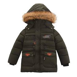 SXSHUN Kinder Jungen Winterjacke mit Fellkapuze Abnehmbar Lang Wintermantel Parka Outerwear, Dunkelgrün, 122/128, (Etikette:130) von SXSHUN