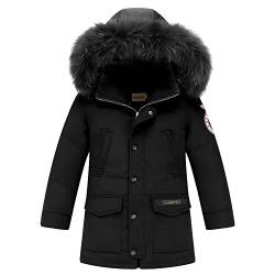 SXSHUN Kinder Winterjacke Wintermantel Jungen Verdicken Warm Daunenjacken mit Kapuze Lang Parka aus Baumwolle, Schwarz, 146, (Größenetikett:150) von SXSHUN